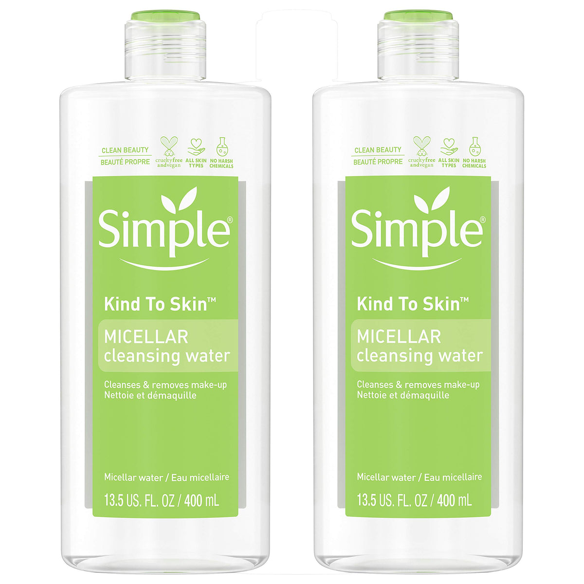 Simple micellar water front packaging showing twin 13.5 fl oz bottles and hydrating benefits