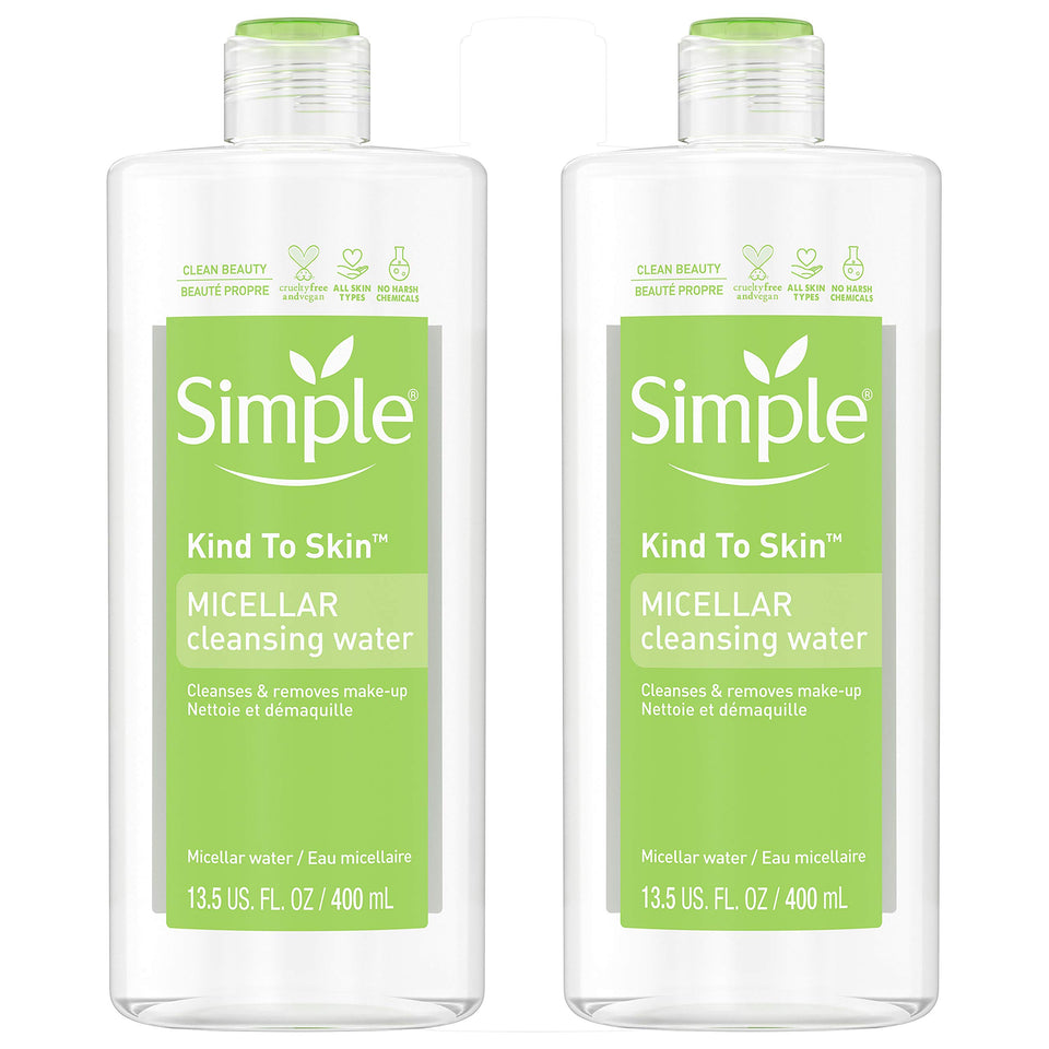 Simple micellar water front packaging showing twin 13.5 fl oz bottles and hydrating benefits