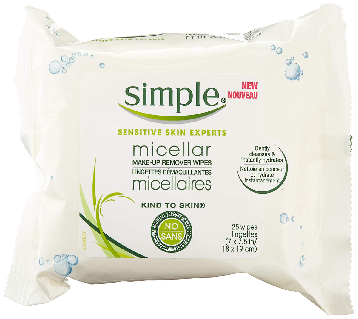 Simple micellar wipes front packaging showing pack and branding for travel-ready cleansing