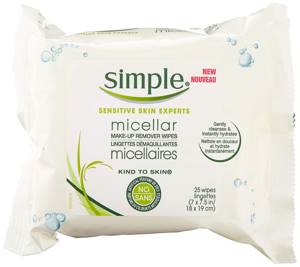 Simple micellar wipes front packaging showing pack and branding for travel-ready cleansing