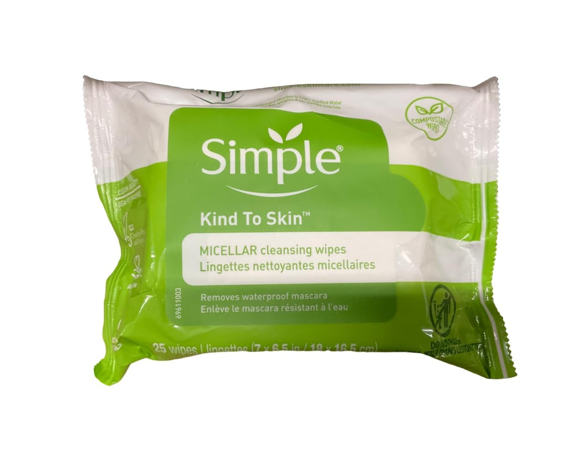 Simple micellar wipes front packaging showing product benefits and scent-free formula