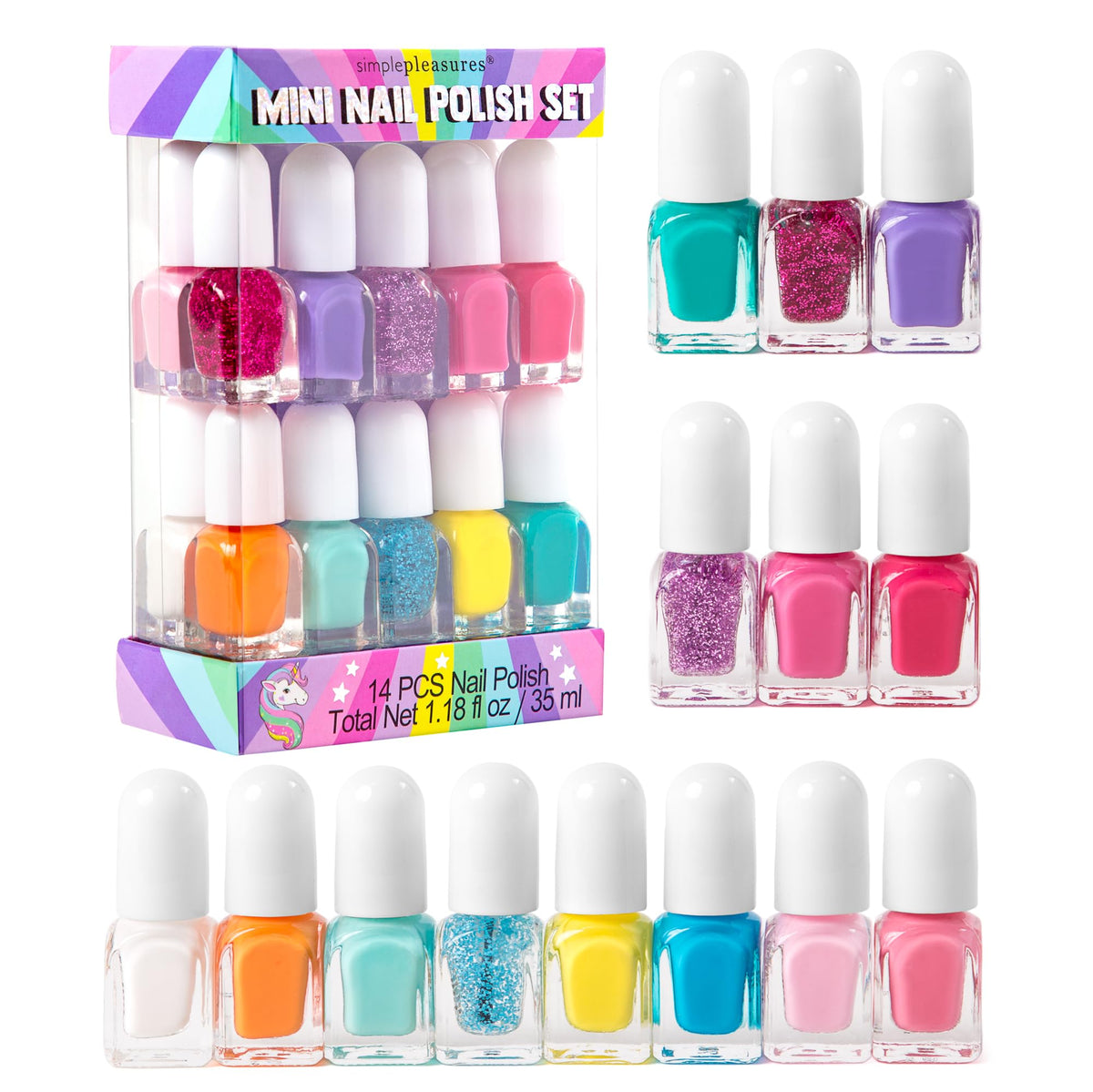 SIMPLE PLEASURES front packaging showing colorful 14-bottle kit, great gift appeal