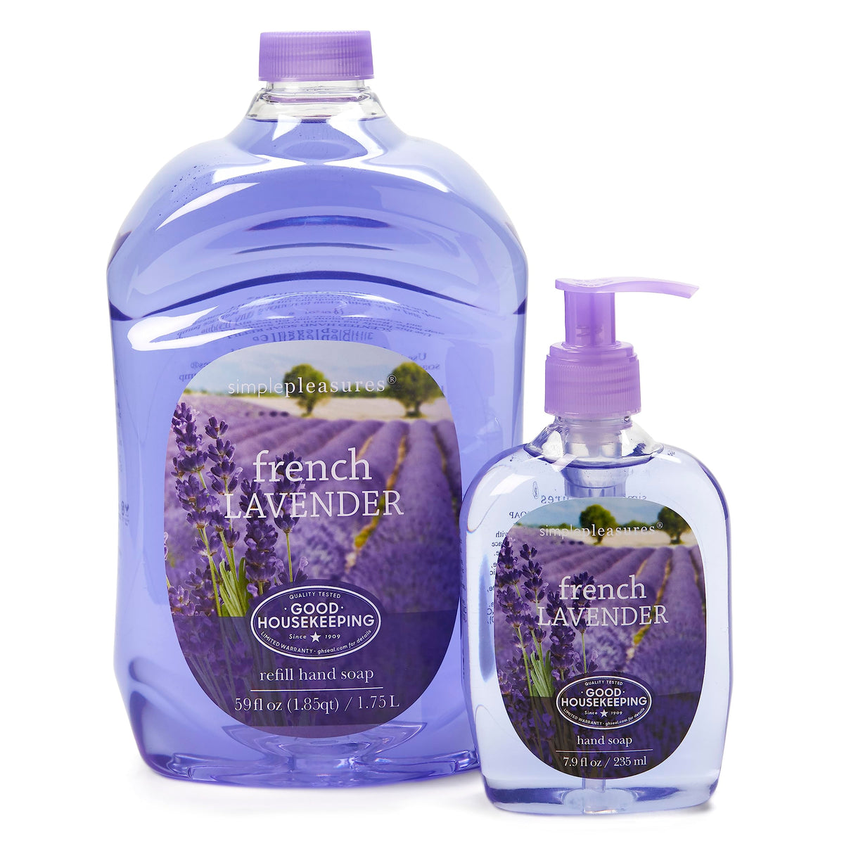 SIMPLE PLEASURES front packaging showing pump bottle and refill for easy use