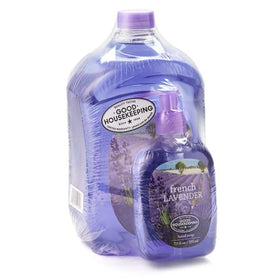 SIMPLE PLEASURES size comparison showing pump bottle beside refill for scale