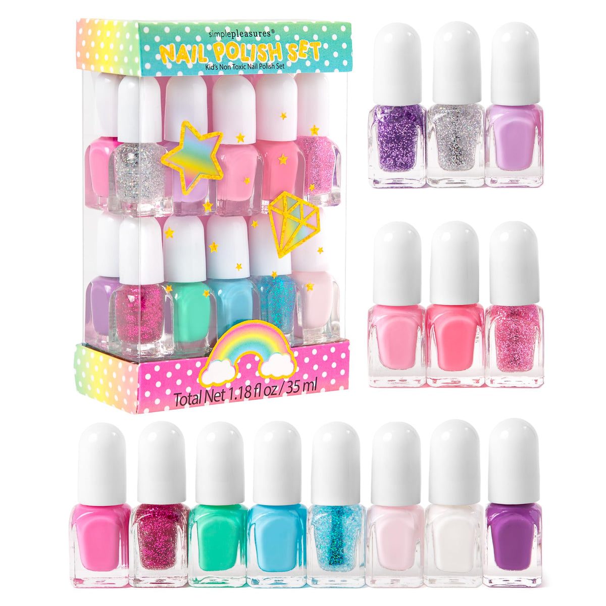 SIMPLE PLEASURES front packaging showing unicorn theme and colorful bottles, appealing gift