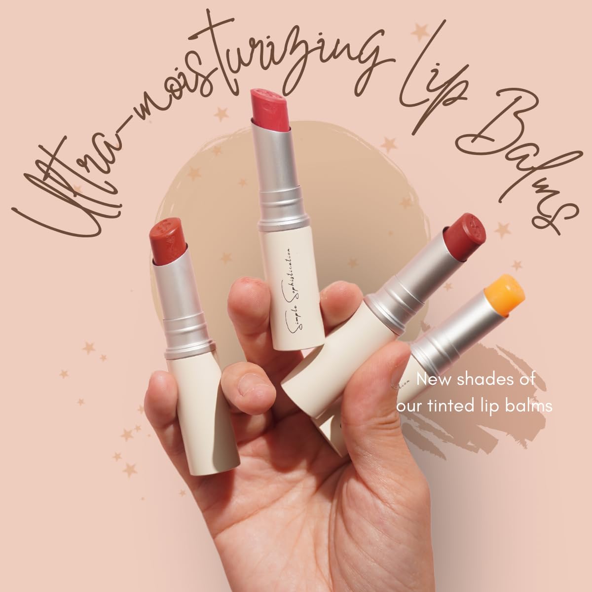 Simple Sophistication balm applied on lips demonstrating dewy hydration benefit
