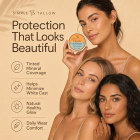 Simple Sophistication tin in a beach bag conveying reef-safe outdoor protection benefit