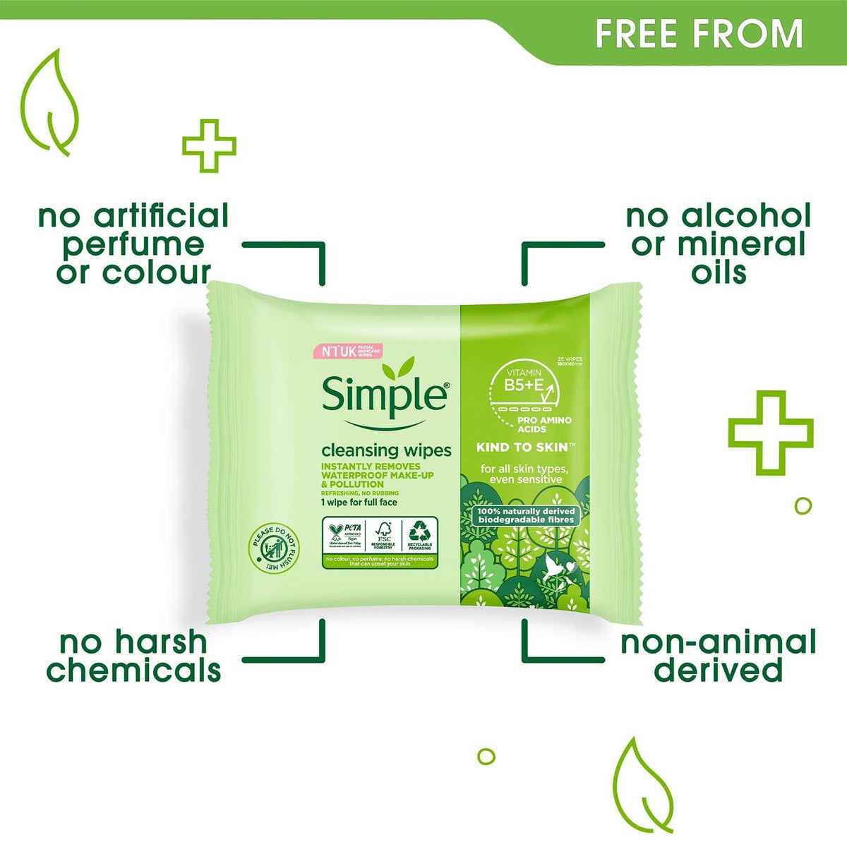 Simple ingredient label showing vitamins B5 and E for skin-friendly care