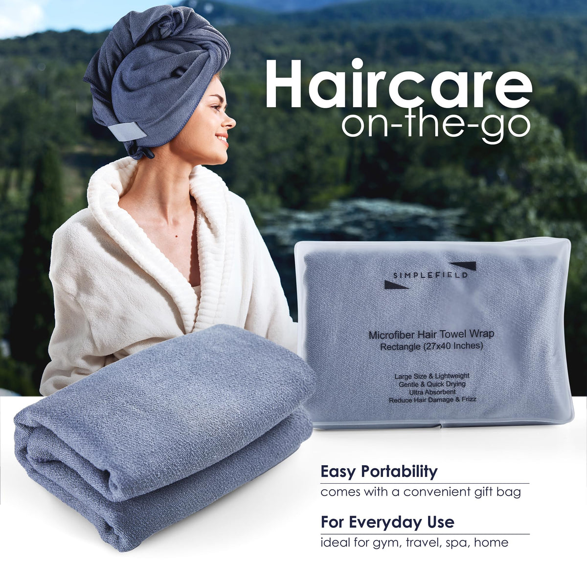 SimpleField towel folded in carry bag for compact travel and storage