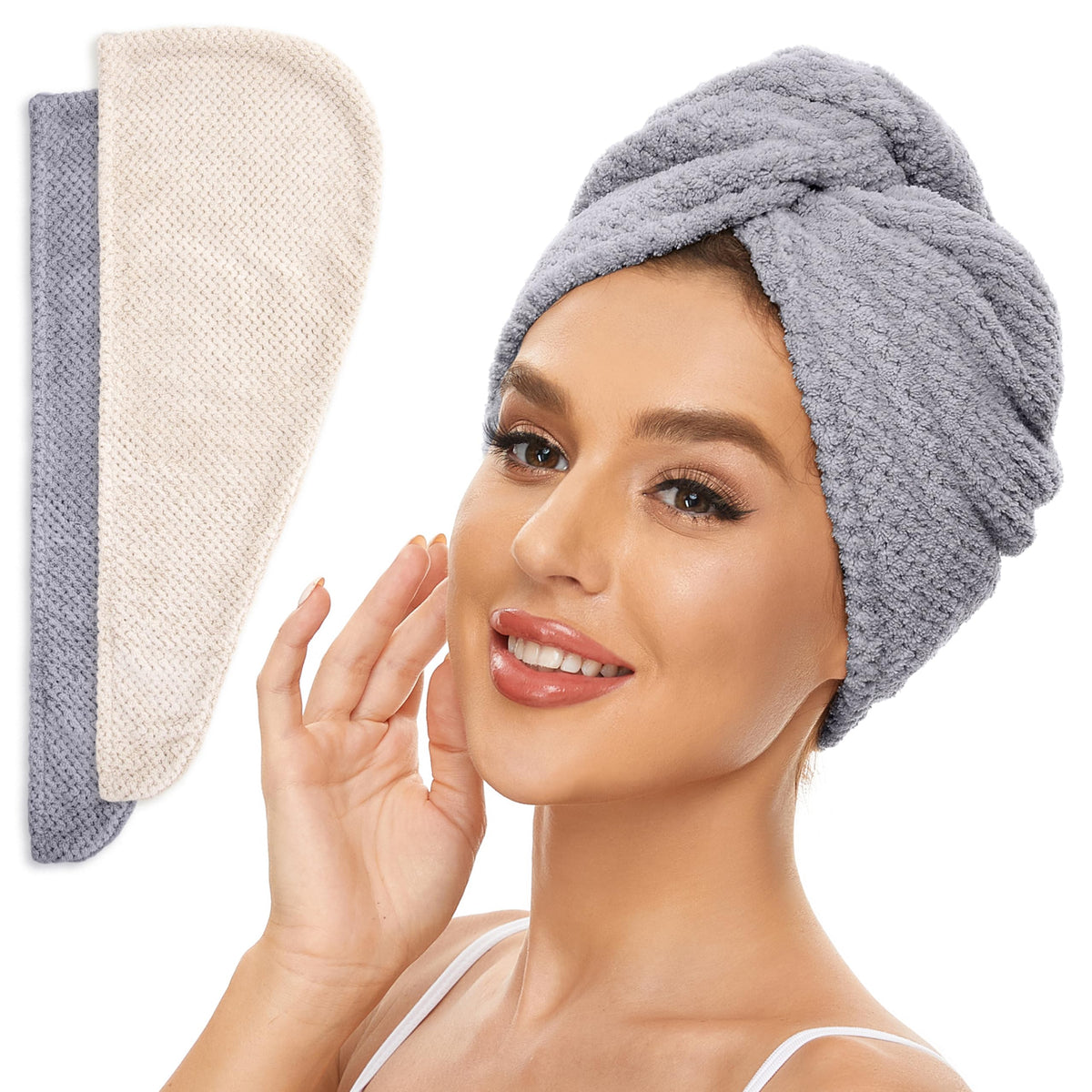 SimpleField front view of beige and grey hair towel wraps shows practical two-pack benefit