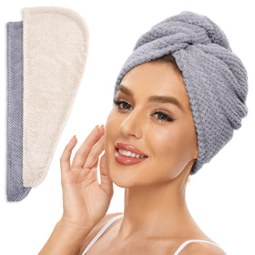 SimpleField front view of beige and grey hair towel wraps shows practical two-pack benefit