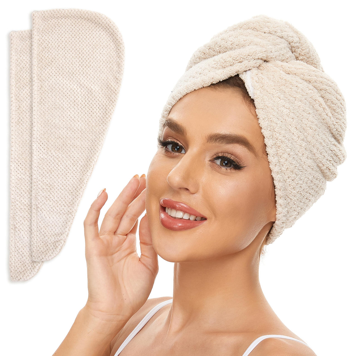 SimpleField front view of two beige towel wraps showing neat packaging and convenience