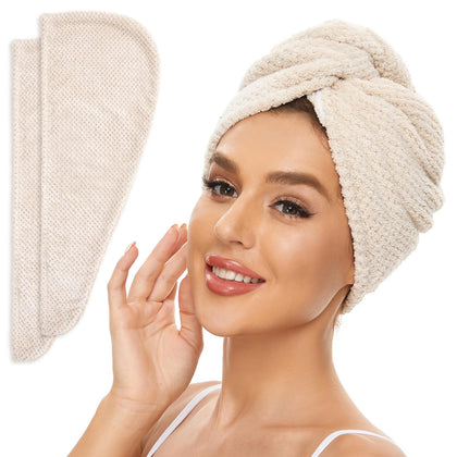 SimpleField front view of two beige towel wraps showing neat packaging and convenience