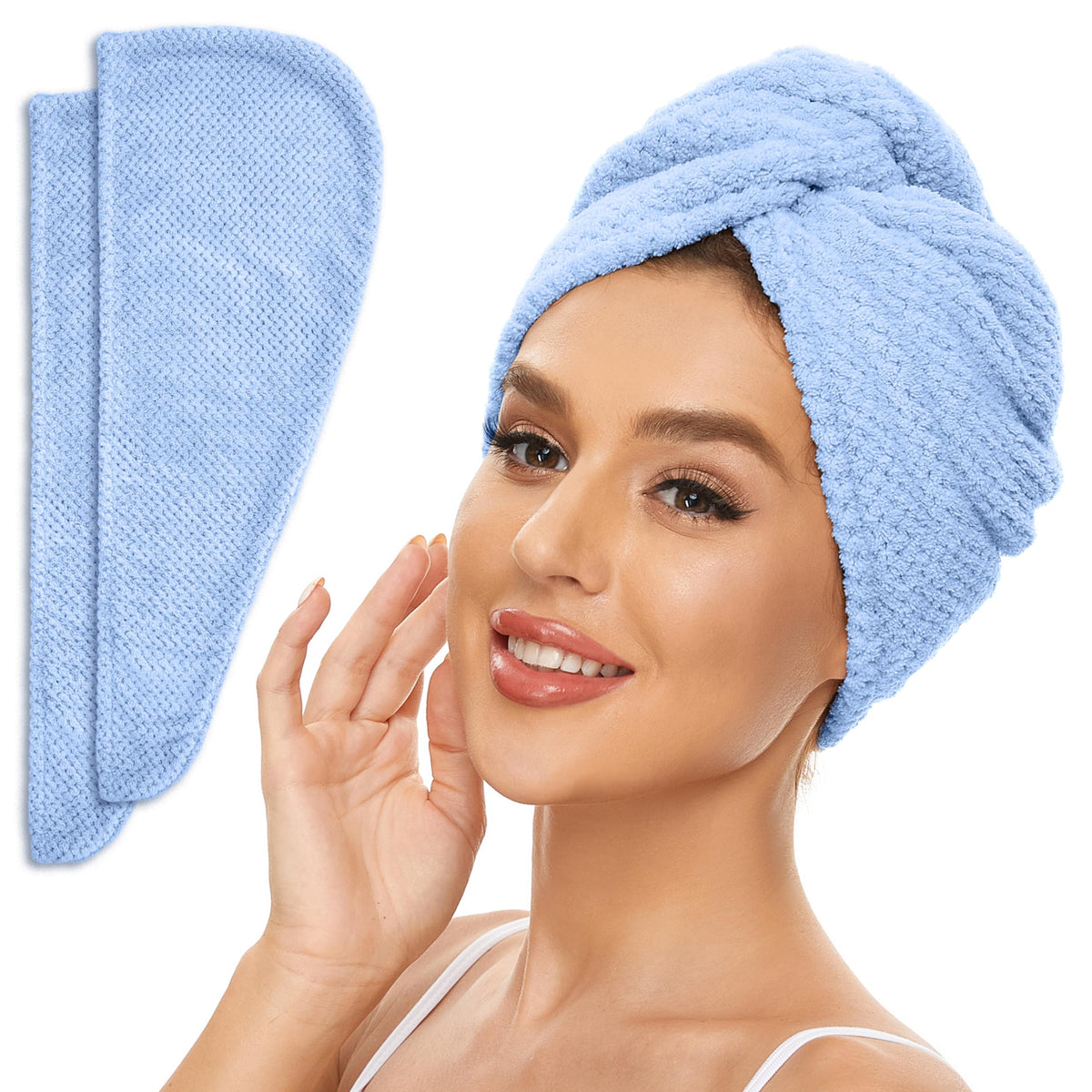 SimpleField blue turban front view showing compact, quick-dry design