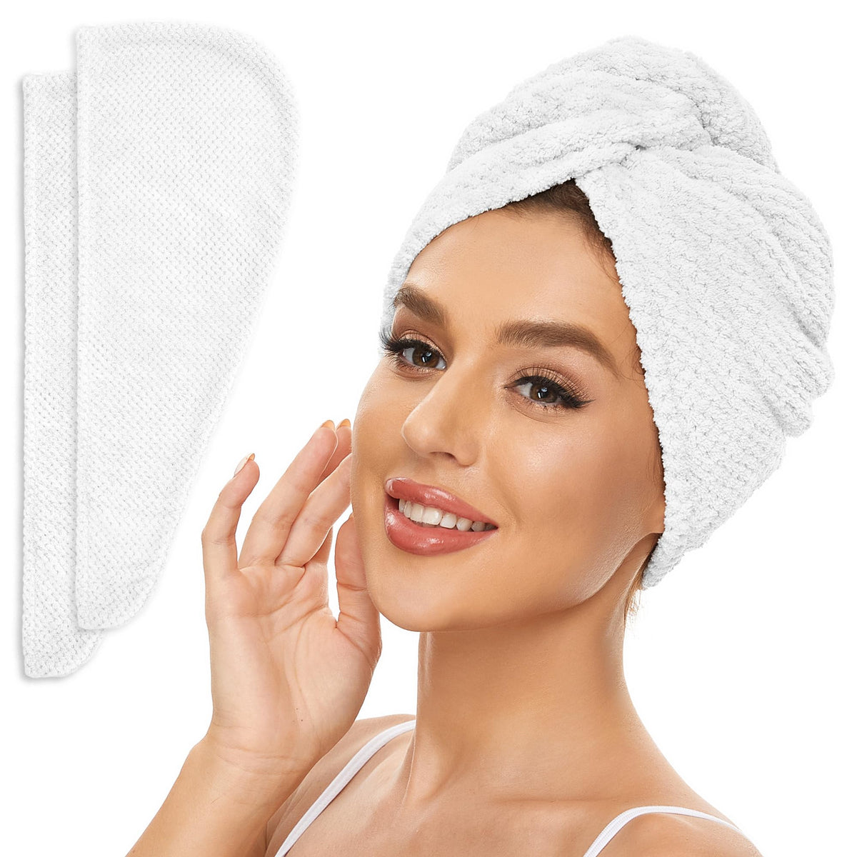 SimpleField front packaging showing two bright white towel wraps and benefits