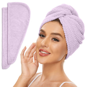SimpleField front view of two light-purple towel wraps showing packaging and color, convenient set
