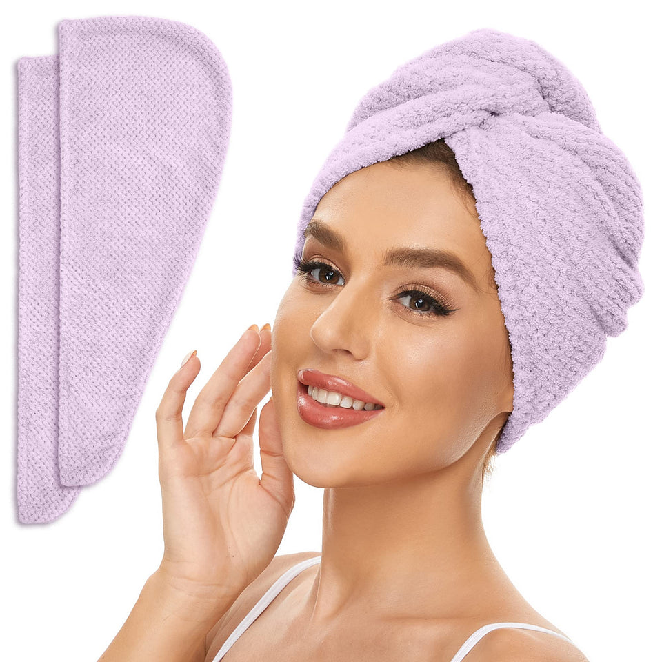 SimpleField front view of two light-purple towel wraps showing packaging and color, convenient set