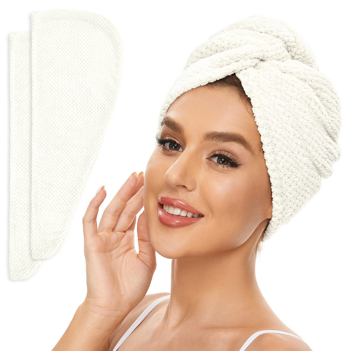 SimpleField front view of ivory towel wrap showing package and benefit quick-dry