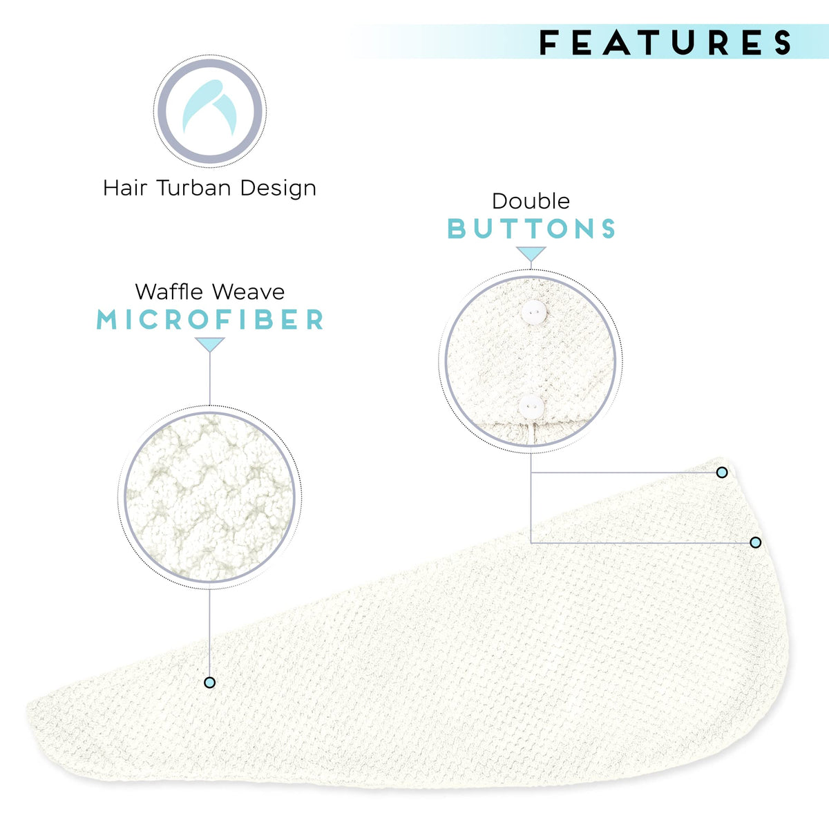 SimpleField towel wrap shown on head demonstrating secure hands-free drying benefit
