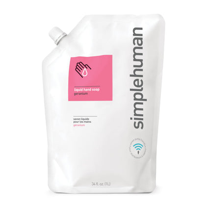simplehuman front view of 34 fl oz geranium refill pouch, easy refill benefit