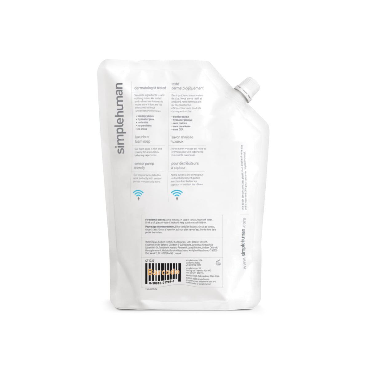 simplehuman close-up pour spout highlighting resealable cap for spill-free refills