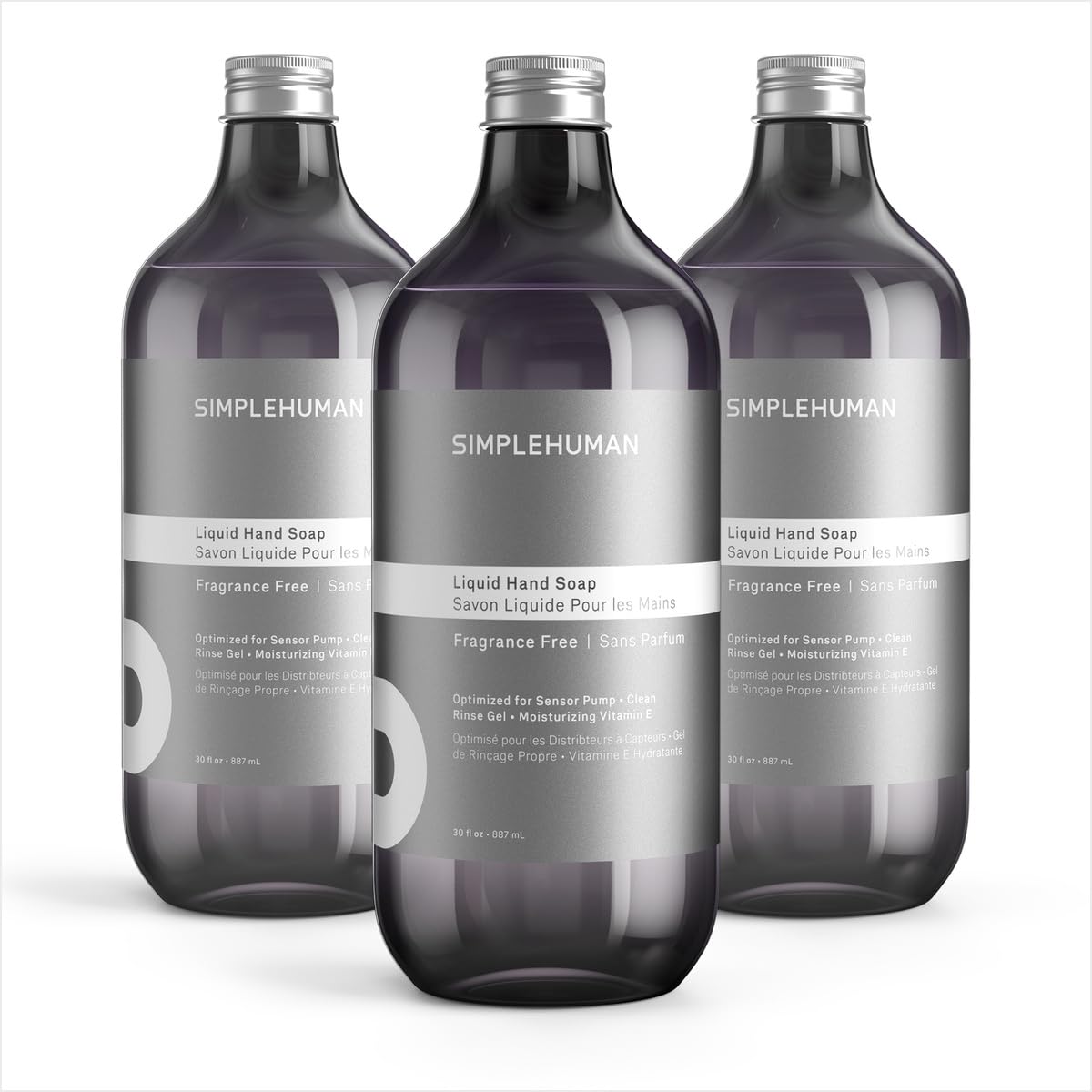 simplehuman front packaging showing three refill bottles and value