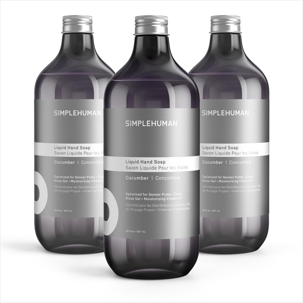 simplehuman three-pack front packaging showing cucumber scent and refill savings