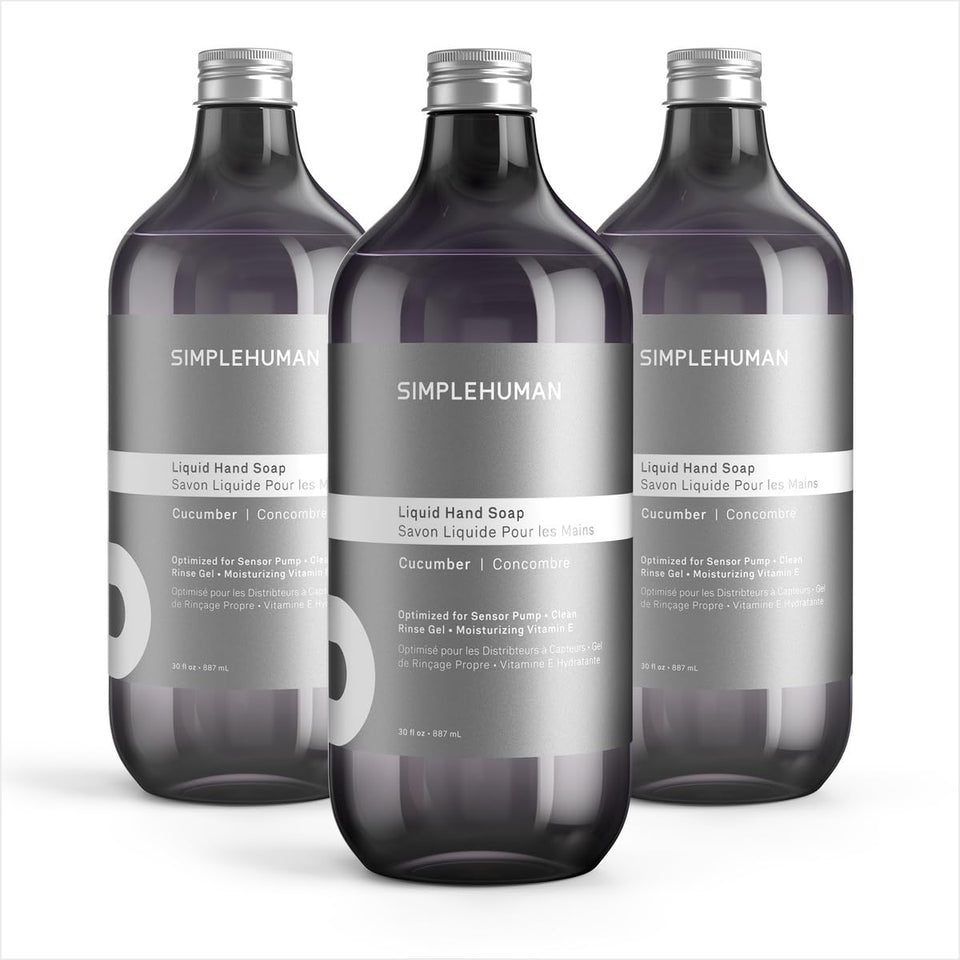 simplehuman three-pack front packaging showing cucumber scent and refill savings