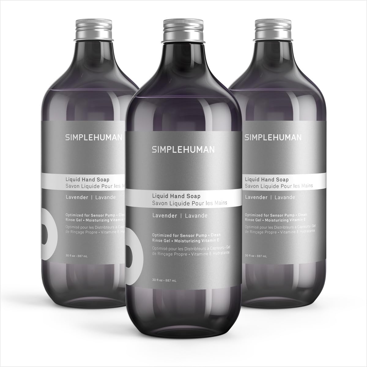 simplehuman front view of three lavender refill bottles showing quantity and benefit