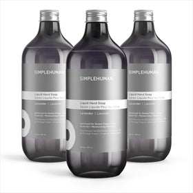 simplehuman front view of three lavender refill bottles showing quantity and benefit