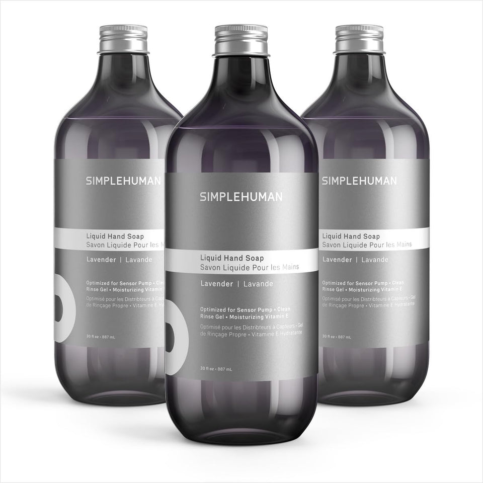 simplehuman front view of three lavender refill bottles showing quantity and benefit