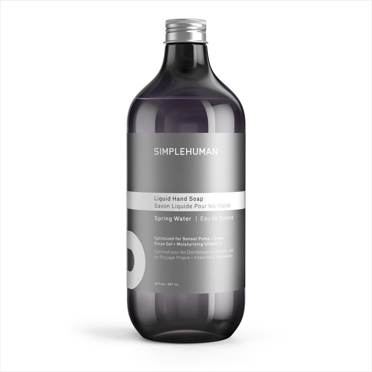 simplehuman front packaging showing fresh spring water refill and volume benefit