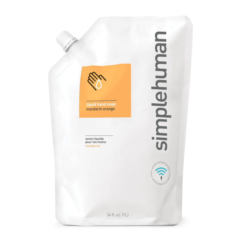 simplehuman front pouch mandarin orange showing easy-pour refill and bright scent benefit