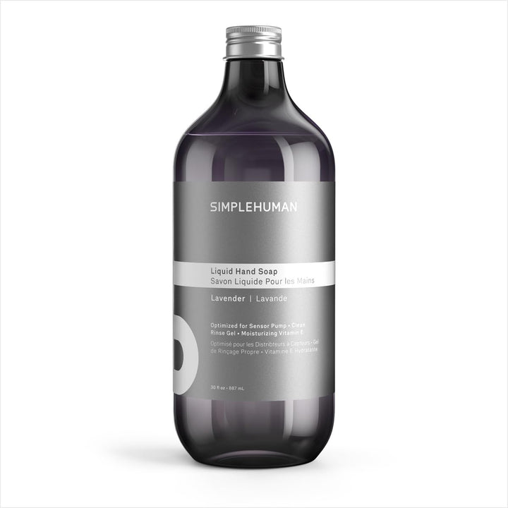 simplehuman front packaging showing 30 fl oz lavender refill and clear branding, convenient value