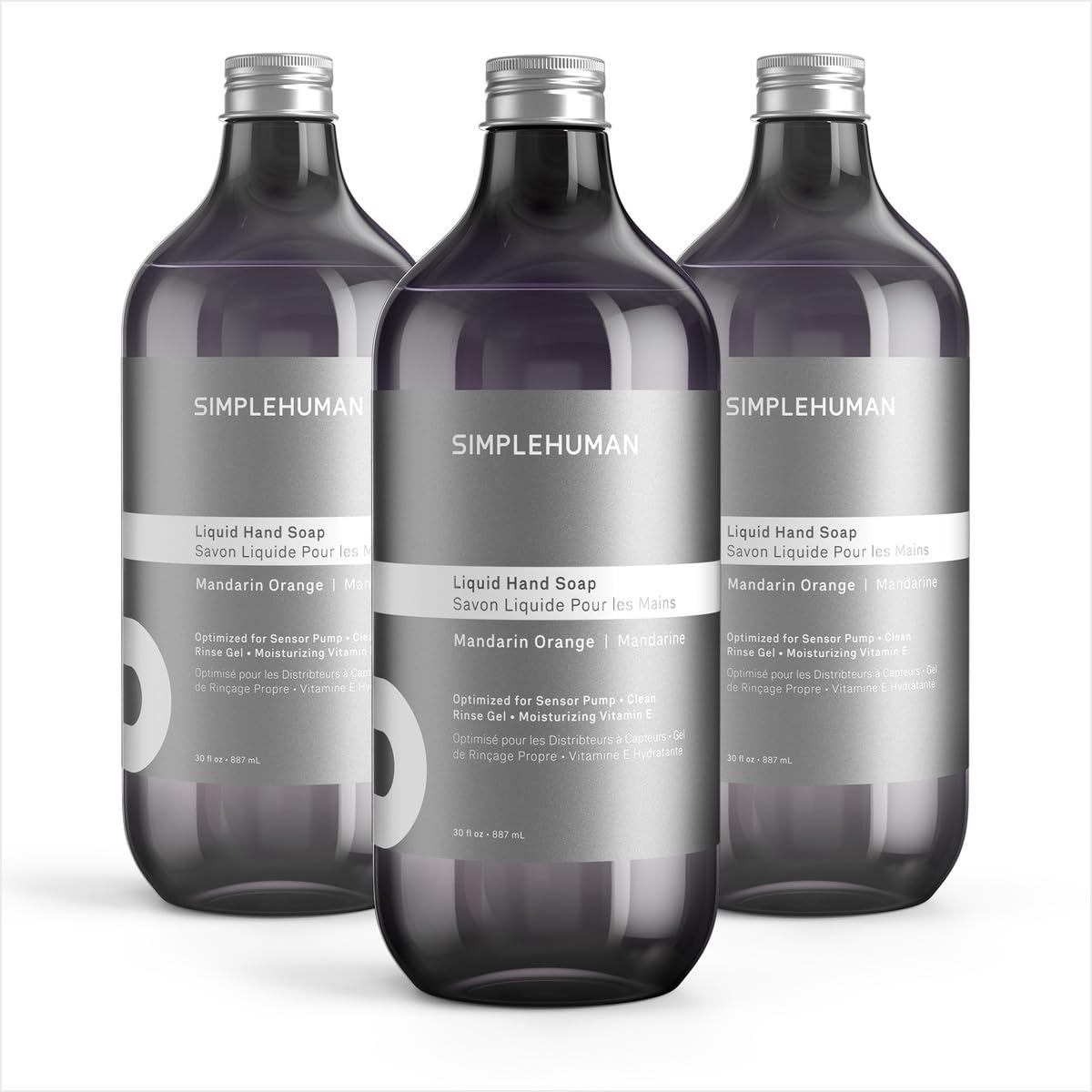 simplehuman front package showing three 30 fl oz bottles and clear labeling, easy storage benefit