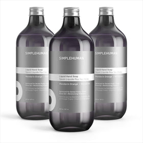 simplehuman front package showing three 30 fl oz bottles and clear labeling, easy storage benefit