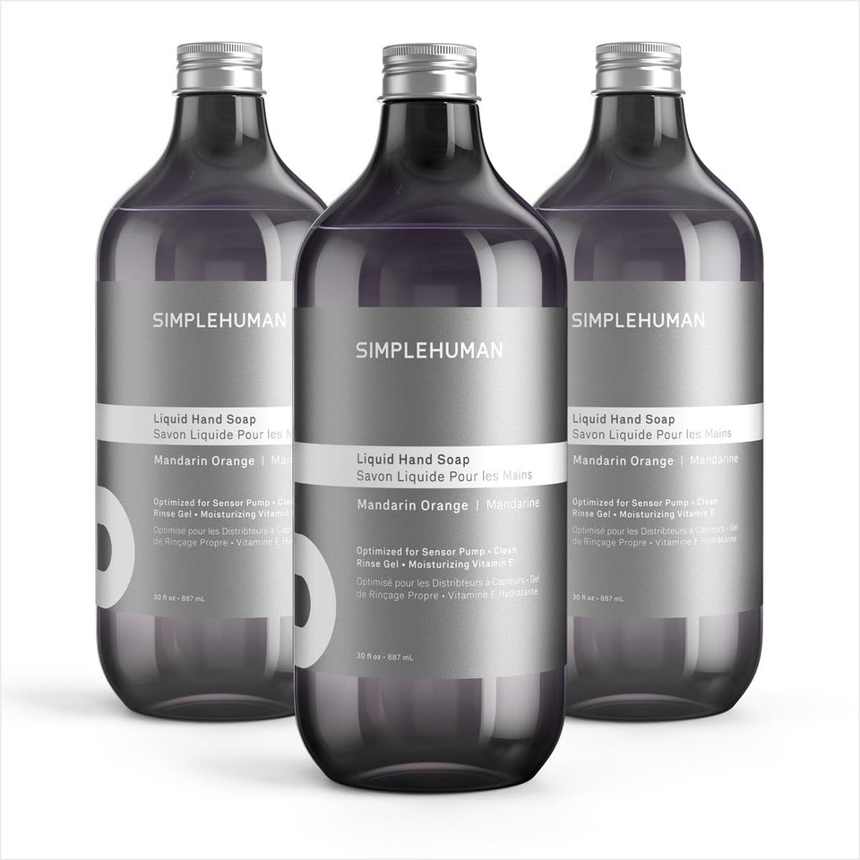 simplehuman front package showing three 30 fl oz bottles and clear labeling, easy storage benefit
