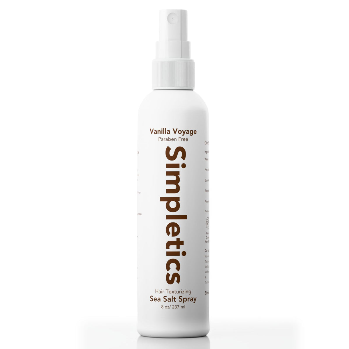 Simpletics front bottle showing vanilla sea salt spray and clear branding for easy recognition