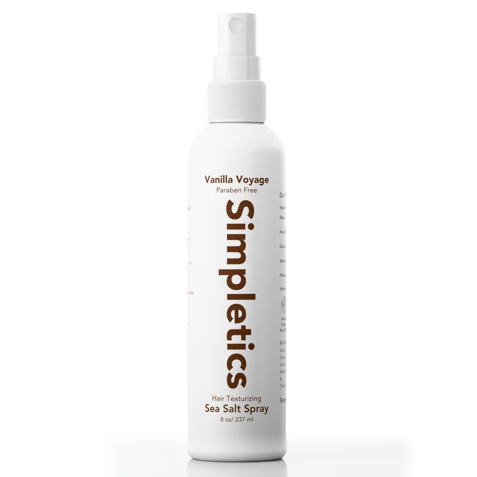 Simpletics front bottle showing vanilla sea salt spray and clear branding for easy recognition