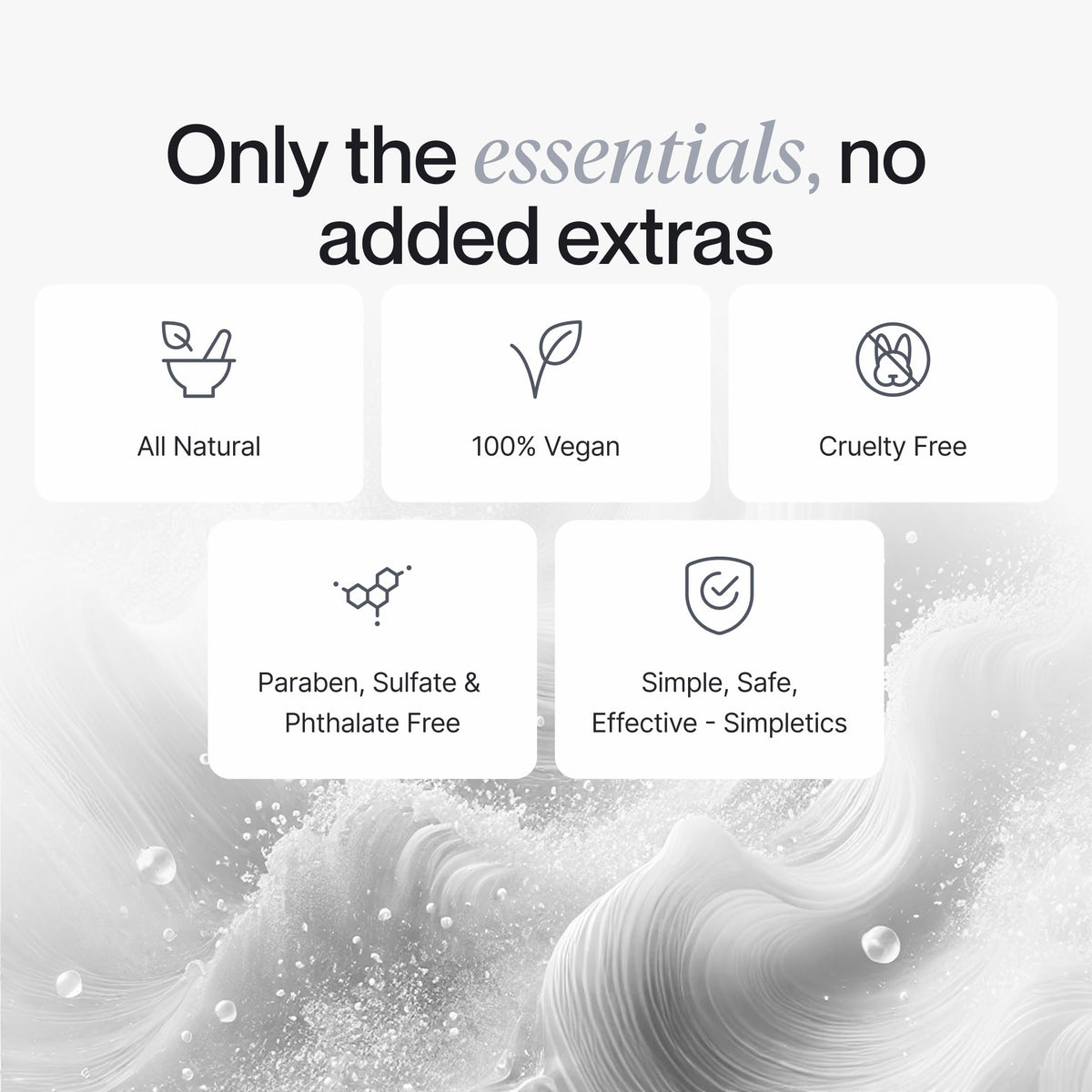 Simpletics flatlay showing bottle and ingredient list for easy product information viewing
