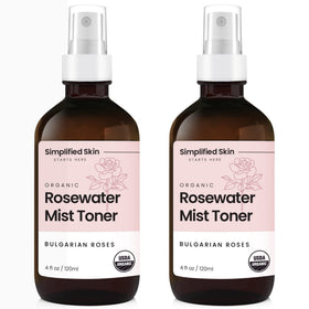 Simplified Skin front packaging showing two 4 oz rose water bottles and benefits