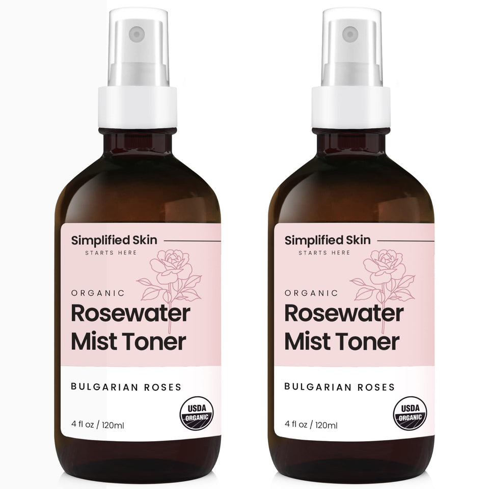 Simplified Skin front packaging showing two 4 oz rose water bottles and benefits