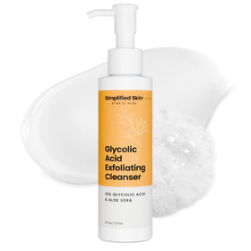 Simplified Skin front bottle view showing clear glycolic cleanser and benefits
