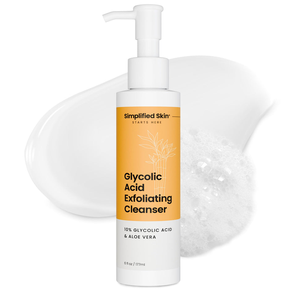 Simplified Skin front bottle view showing clear glycolic cleanser and benefits