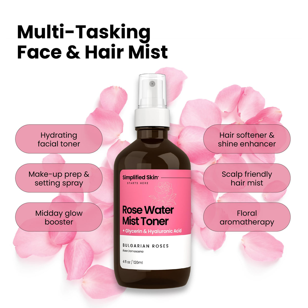 Simplified Skin organic rose hydrosol vial and petals highlighting purity