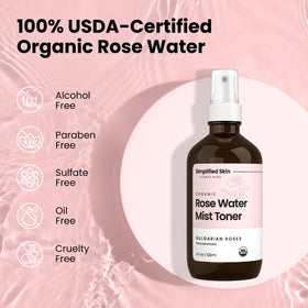 Simplified Skin label close-up highlighting organic Bulgarian rose water benefit