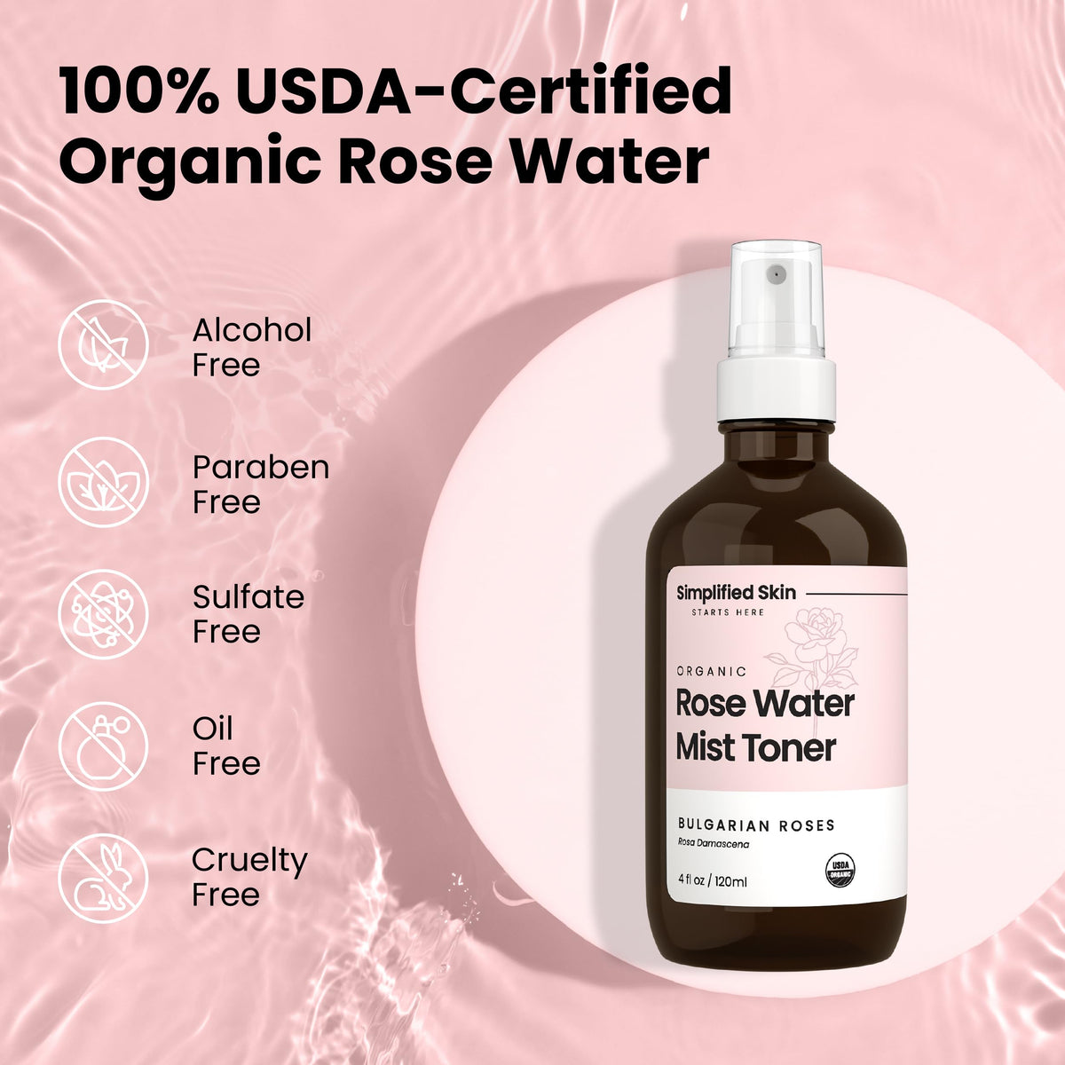 Simplified Skin facial mist being used to set makeup for natural finish benefit