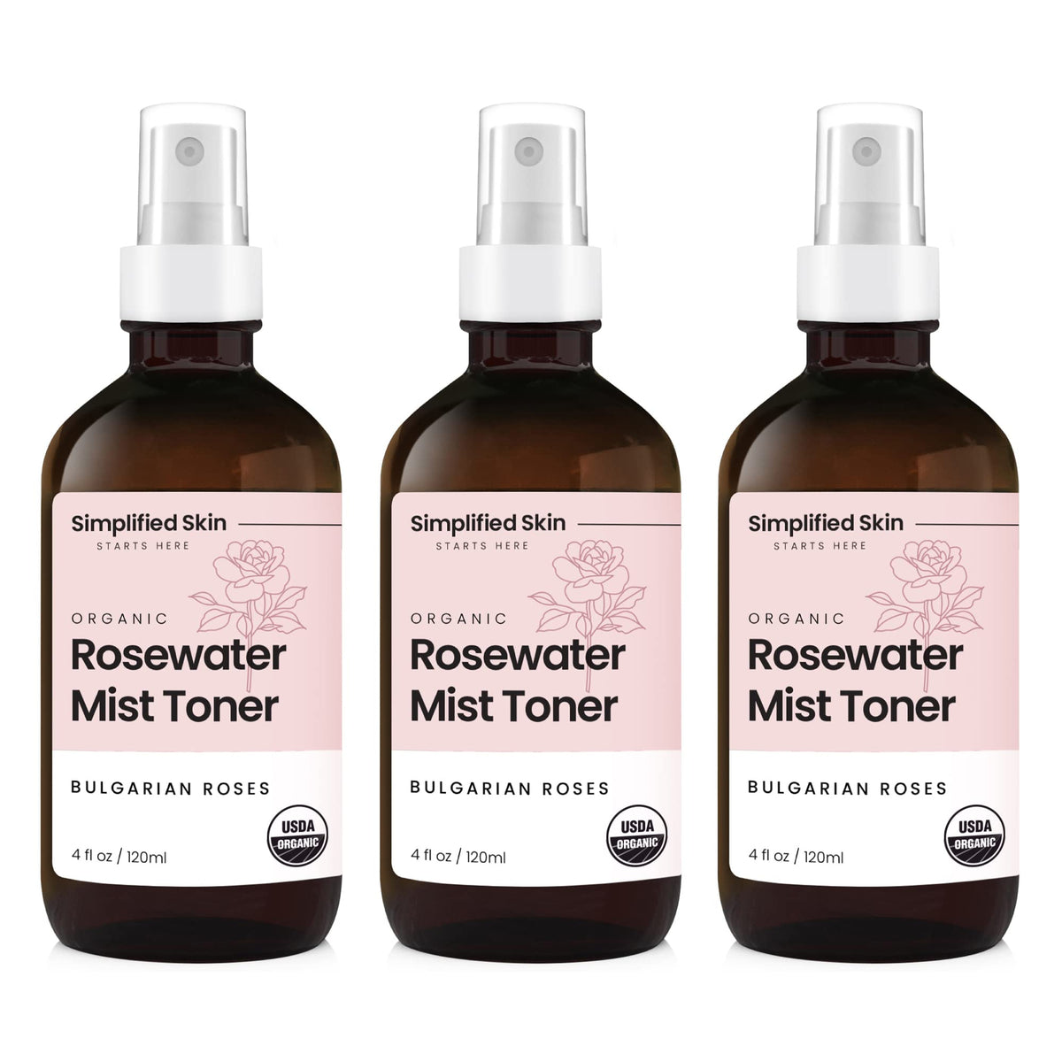 Simplified Skin front packaging showing three 4 oz bottles and organic label benefit