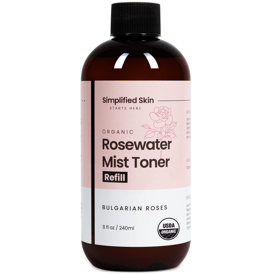 Simplified Skin bottle front displaying organic rose water benefits and refill size