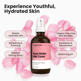 Simplified Skin ingredients flatlay featuring rose petals and peptides for skin support
